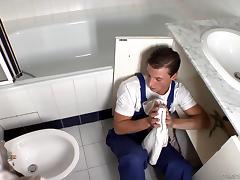A plumber cleans a drain then fucks her tight pussy