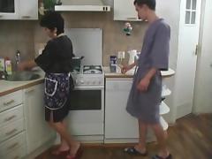 His maid is a horny old lady happy to fuck on his kitchen floor