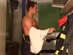 Two gay hunk firemen fuck in the locker room