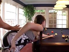Smooth lesbian chicks have sex on top of a pool table
