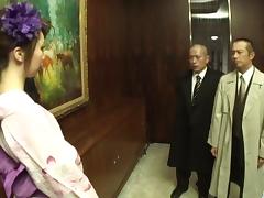 Kimono girl, Rinka Kanzaki, deals two massive cocks