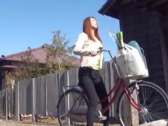 Cardigan cutie on a bike welcomes cock into her Japanese pussy