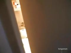 Guy tapes his latina gf taking a shower and he gets a blowjob afterwards on the bed