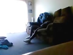Fat brunette white girl has oral, cowgirl, doggystyle and missionary sex with her black bf on the sofa.
