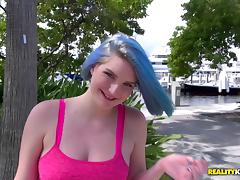 Amateur girl with green hair meets a guy then sucks and fucks him