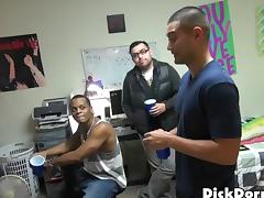 Chubby gay guy with short dark hair enjoying an awesome interracial fuck