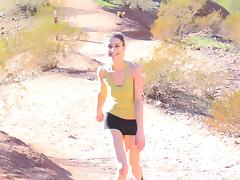 Athletic chick on a hike flashes her tits and pussy