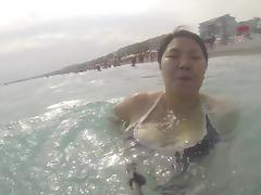Asian wife in swimsuit big tits