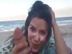 Blonde girl wanted to have sex on the beach and gets facial