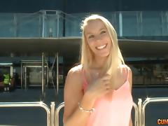 Blonde perfection climbs into the van and gets laid
