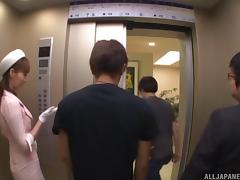 Fashionable babe in an elevator sucks dick from her knees