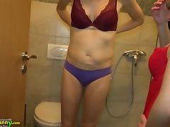 Old lady and cute teen shower and toysex