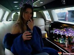 Party girls in the limo have a dildo fucking teen threesome