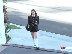 Milky white girl in a cute uniform takes a big cock