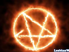 Satanic lesbians pussylicking in pentagram