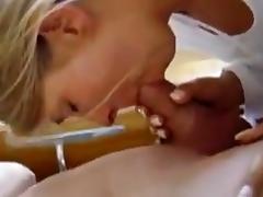 Blonde chick gives an amazing blowjob to a moaning guy
