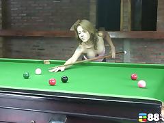 Sexy pool player shows off her great cock craving body