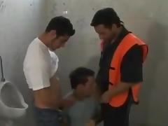 Latinos threesome in restroom