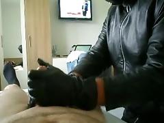 Leather gloved Bi Handjob