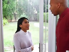 Petite girl Ember Snow gets wet in the rain and fucks with a BBC
