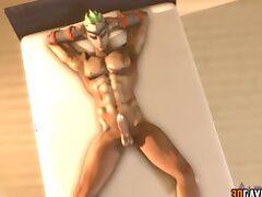 Hot muscular warrrior jerking off his dick while Soldier from Overwatch does it the same
