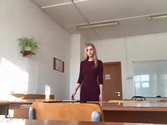 Hot blonde teen with amazing body tasing in class room