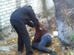 Russian slut gets fucked outside on the ground and lets her friends watch