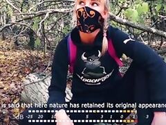 Russian blonde gives a blowjob to a stranger in the forest