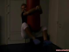 Sexy blond babe Olya gives a hot blowjob after workout