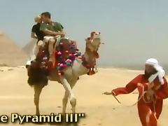 Two sexy girls having hardcore sex with guy in Egyptian desert