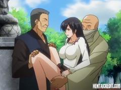 Anime brunette with big tits gets banged hard and gets a DP