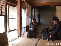 Mio Takahashi sucks a dick on the patio and gets cum on her palms