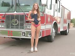 Red Hot Amateur Naked Outdoors on a Firetruck
