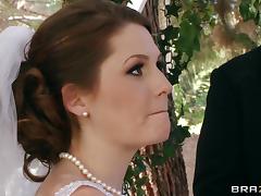 Busty bride Allison Moore enjoys a gangbang indoors